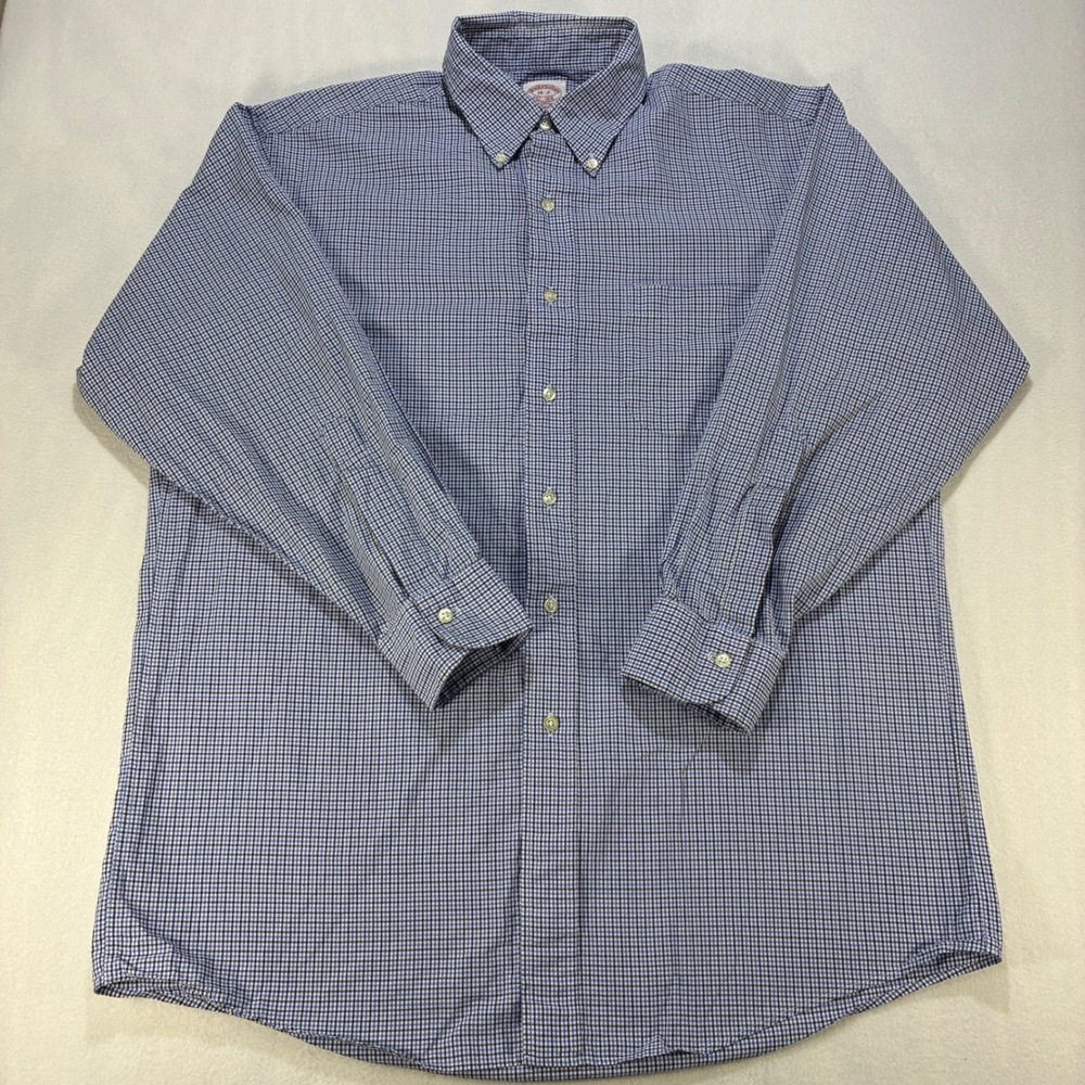 Brooks Brothers Micro Check Button Down Shirt Mens 16-2 Blue Cotton Ivy League